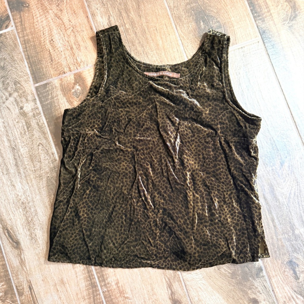 Double D Ranch VTG Womens‎ Crushed Velvet Leopard Print Tank Top,Olive Green,L